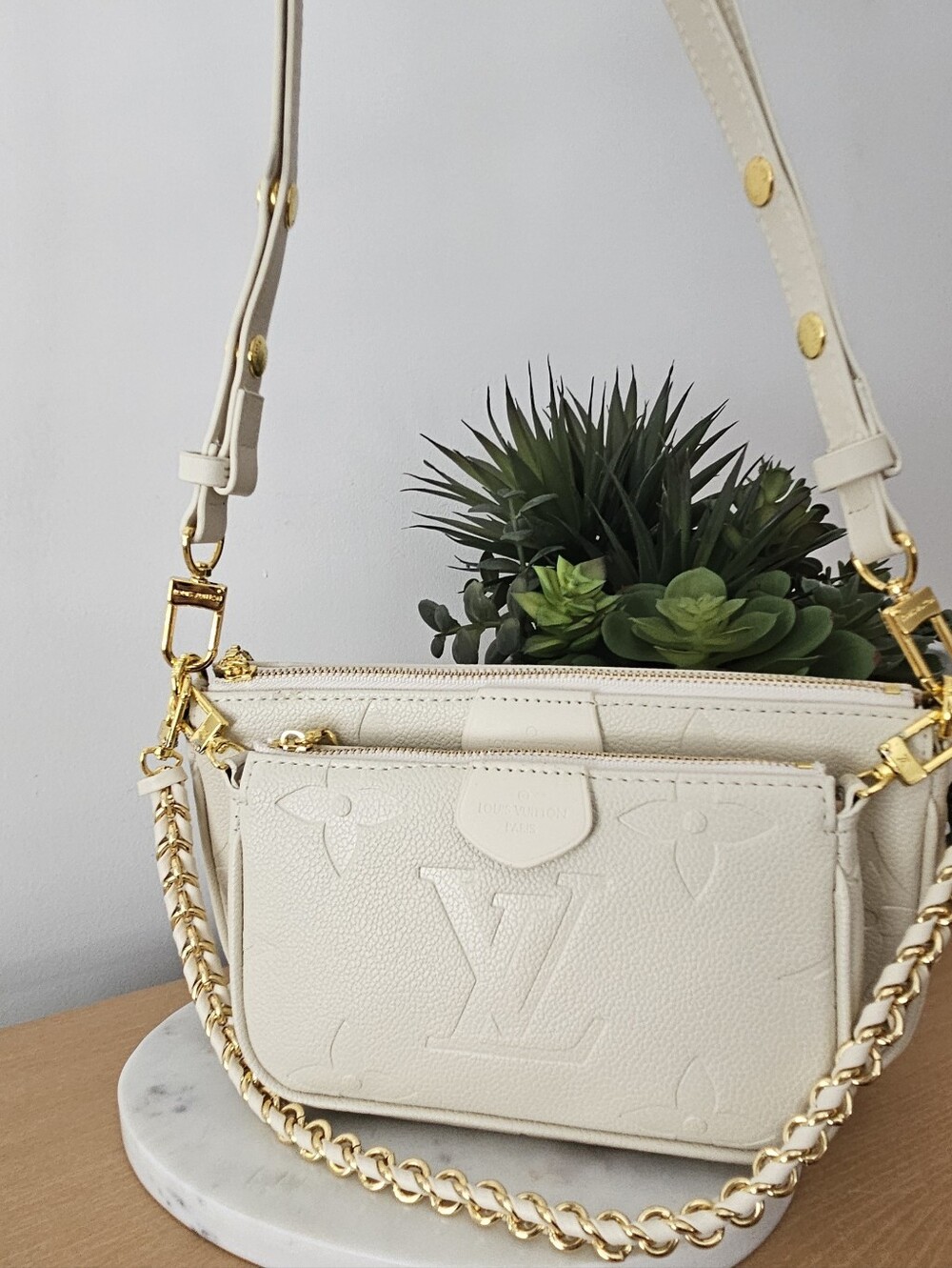 Designer Inspired Cream Monogram Shoulder Bag - Picture 4 of 5